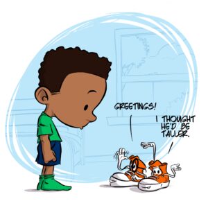 Cartoon of boy and talking sneakers joking about his height.