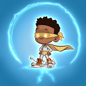 Cartoon boy dressed as super hero surrounded by lightning bolt orb