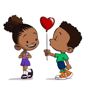 Cartoon boy holding a heart-shaped balloon directed at a very pleased cartoon girl