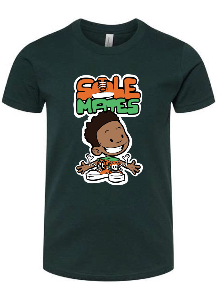 Product: green t-shirt with Sole Mates logo and cartoon boy wearing sneakers
